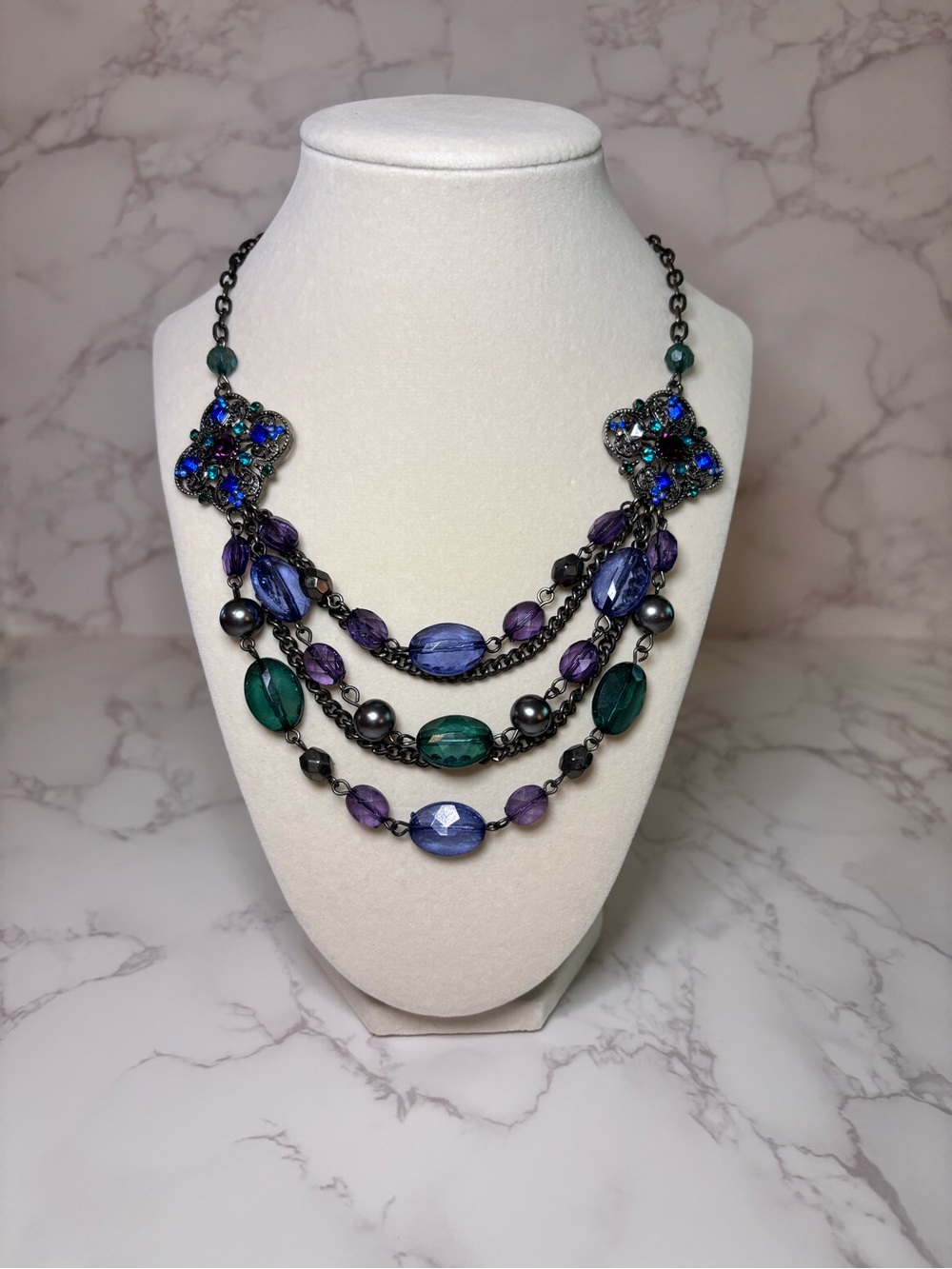 Multi-Strand Green & Purple Beaded Statement Necklace with Crystal Accents